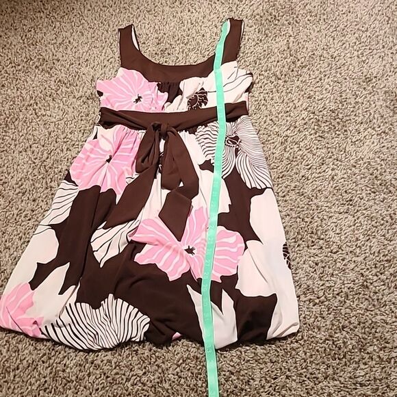 Y2K Bubble Hem Pink Brown Floral Mini Dress Med Puff Empire Waist USA polyester - Picture 4 of 7